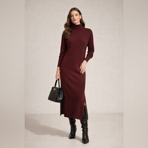 Quince 100% Mongolian Cashmere Turtleneck Midi Dress Burgundy M